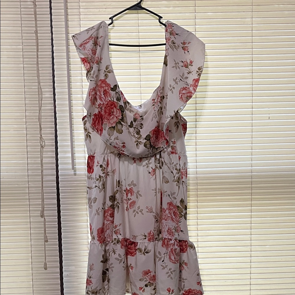 SHEIN White Floral Ruffle V‑Neck Mini Dress with Pink Roses 2x not best pic